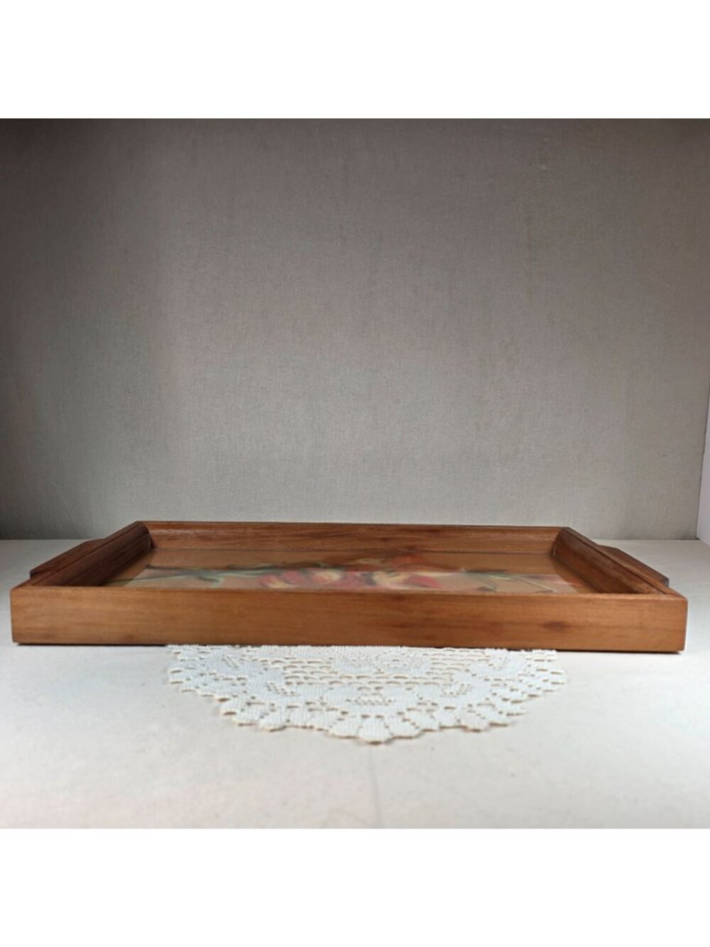 Vintage Wooden Serving Tray With Hand-Painted Glass Floral Design & Handles Jeme - Picture 4 of 6